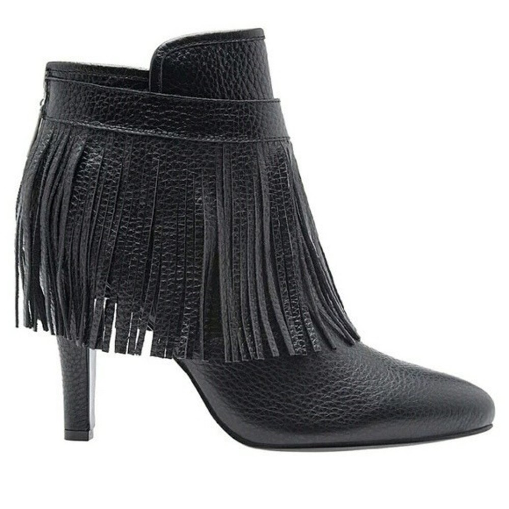 Fringed Black Leather Ankle Boot